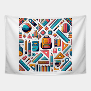 School Supplies, Back to School: Geometric Back to School: Shapes and Supplies - School Art Supplies, Go Back to School Vibes, Ideal Gift. Tapestry