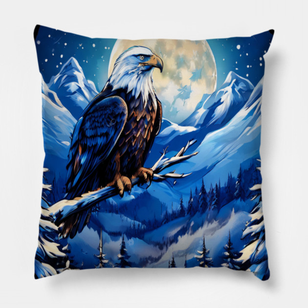 Bald Eagle Snowy Full Moon Pillow by BirdsnStuff