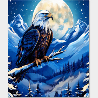Bald Eagle Snowy Full Moon Posters and Art