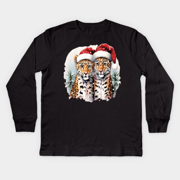 Cute Leopards in Satna Hats Kids Long Sleeve T-Shirt by BirdsnStuff