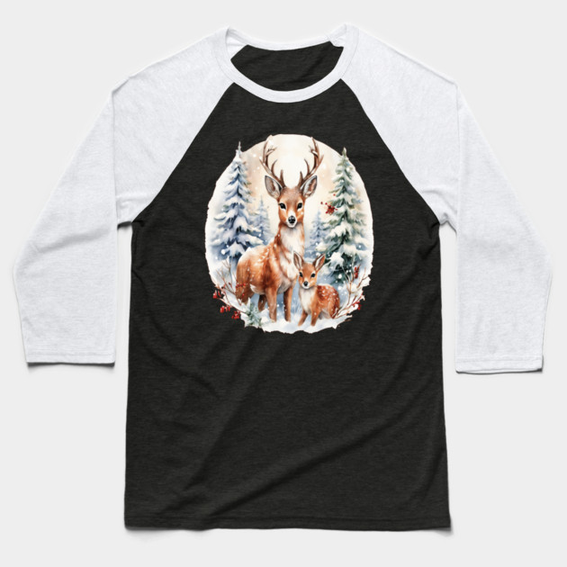 Christmas Deer and Fawn Baseball T-Shirt by BirdsnStuff