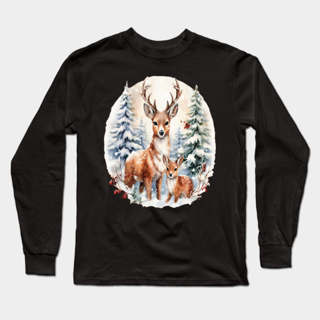 Christmas Deer and Fawn Long Sleeve T-Shirt by BirdsnStuff
