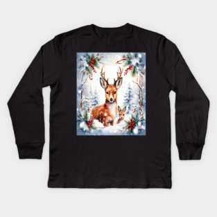 Christmas Deer and Fawn Kids Long Sleeve T-Shirt