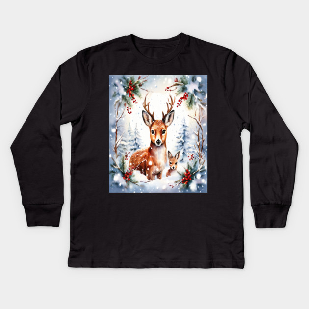Christmas Deer and Fawn Kids Long Sleeve T-Shirt by BirdsnStuff