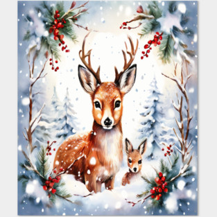 Christmas Deer and Fawn Posters and Art