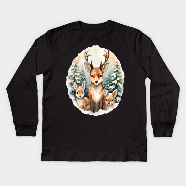 Christmas Deer and Fawn Kids Long Sleeve T-Shirt by BirdsnStuff