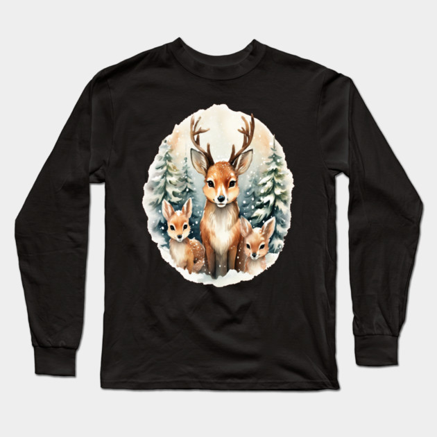 Christmas Deer and Fawn Long Sleeve T-Shirt by BirdsnStuff