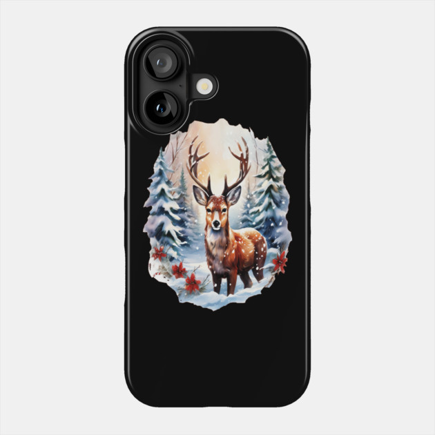 Christmas Deer with Poinsettia and Snow Phone Case by BirdsnStuff