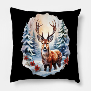 Christmas Deer with Poinsettia and Snow Pillow