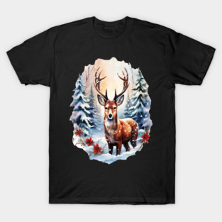 Christmas Deer with Poinsettia and Snow T-Shirt