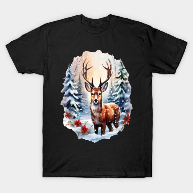 Christmas Deer with Poinsettia and Snow T-Shirt by BirdsnStuff