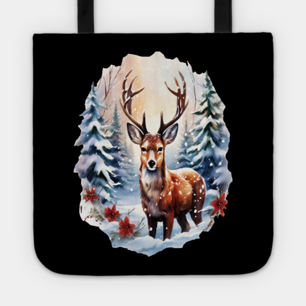 Christmas Deer with Poinsettia and Snow Tote by BirdsnStuff
