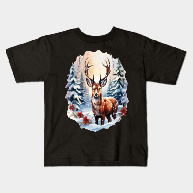 Christmas Deer with Poinsettia and Snow Kids T-Shirt by BirdsnStuff