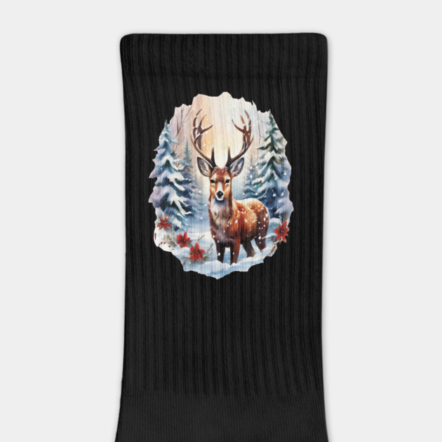 Christmas Deer with Poinsettia and Snow by BirdsnStuff