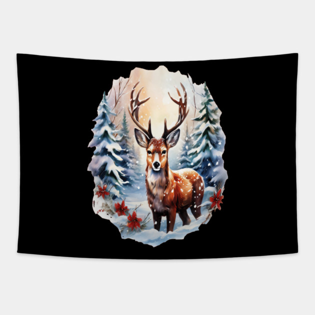 Christmas Deer with Poinsettia and Snow Tapestry by BirdsnStuff