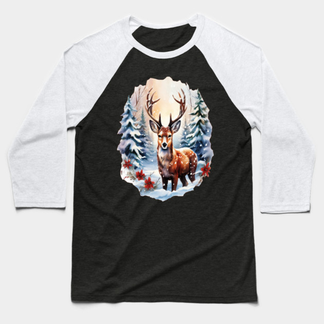 Christmas Deer with Poinsettia and Snow Baseball T-Shirt by BirdsnStuff