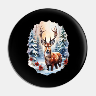 Christmas Deer with Poinsettia and Snow Pin