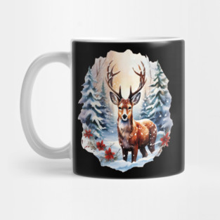 Christmas Deer with Poinsettia and Snow Mug