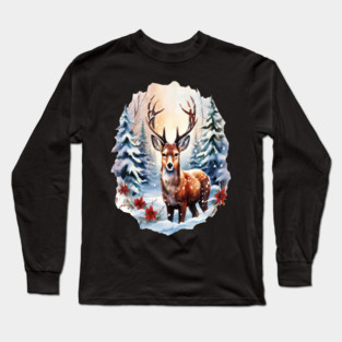 Christmas Deer with Poinsettia and Snow Long Sleeve T-Shirt
