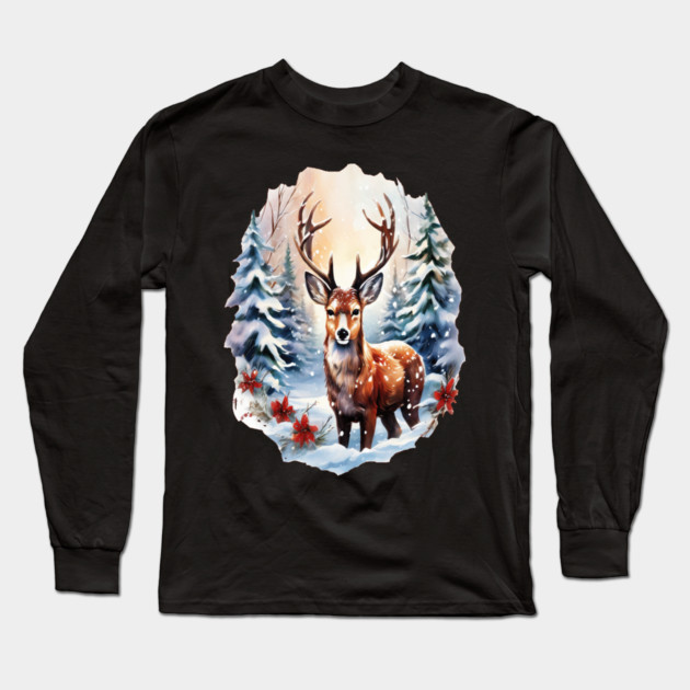 Christmas Deer with Poinsettia and Snow Long Sleeve T-Shirt by BirdsnStuff