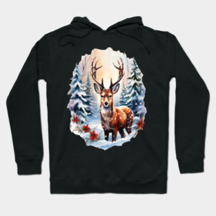Christmas Deer with Poinsettia and Snow Hoodie