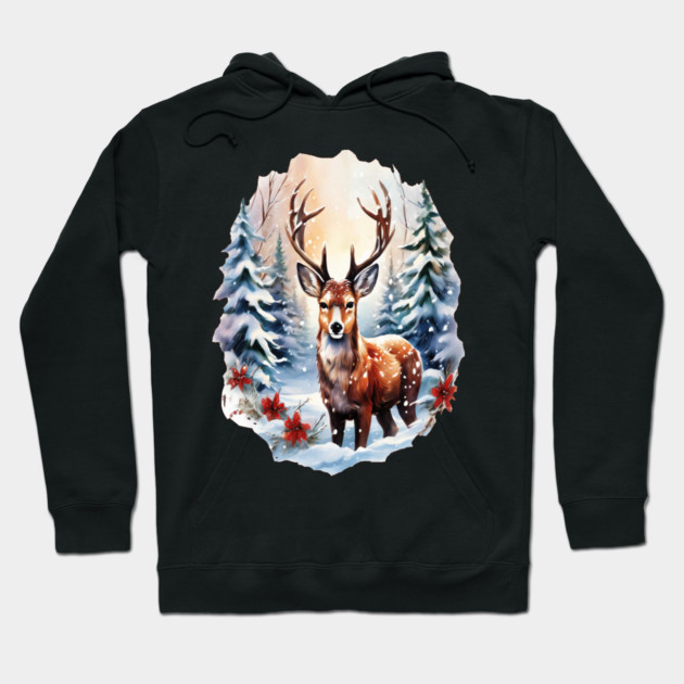 Christmas Deer with Poinsettia and Snow Hoodie by BirdsnStuff