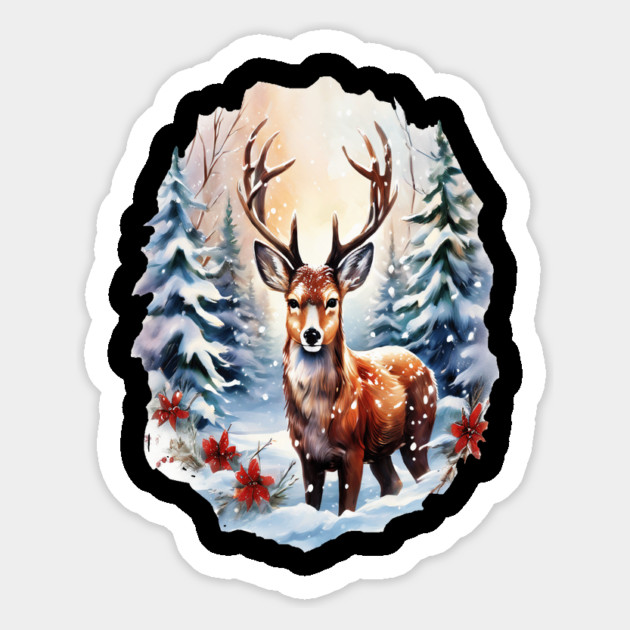 Christmas Deer with Poinsettia and Snow Magnet by BirdsnStuff