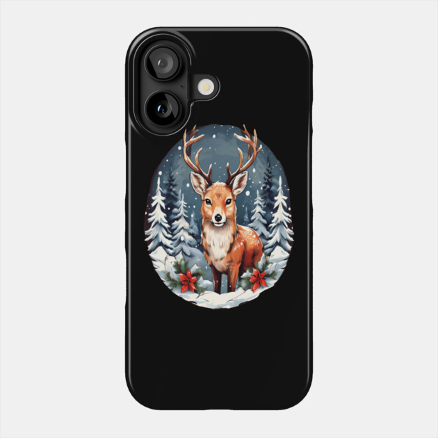 Christmas Deer with Poinsettia and Snow Phone Case by BirdsnStuff
