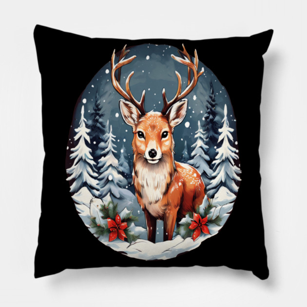 Christmas Deer with Poinsettia and Snow Pillow by BirdsnStuff