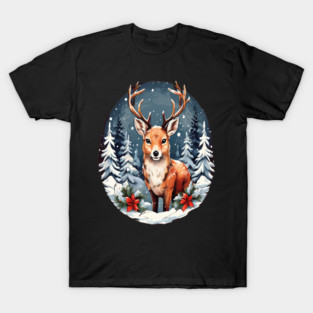 Christmas Deer with Poinsettia and Snow T-Shirt