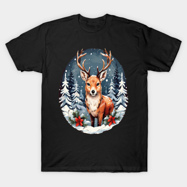 Christmas Deer with Poinsettia and Snow T-Shirt by BirdsnStuff