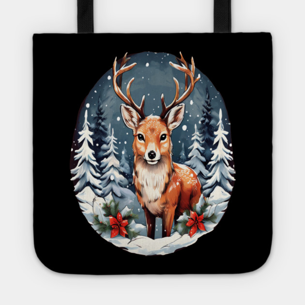 Christmas Deer with Poinsettia and Snow Tote by BirdsnStuff