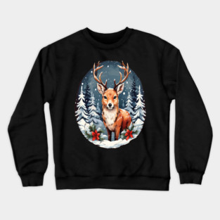 Christmas Deer with Poinsettia and Snow Crewneck Sweatshirt