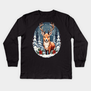 Christmas Deer with Poinsettia and Snow Kids Long Sleeve T-Shirt