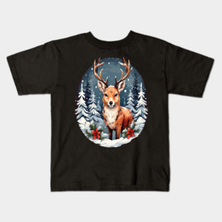 Christmas Deer with Poinsettia and Snow Kids T-Shirt