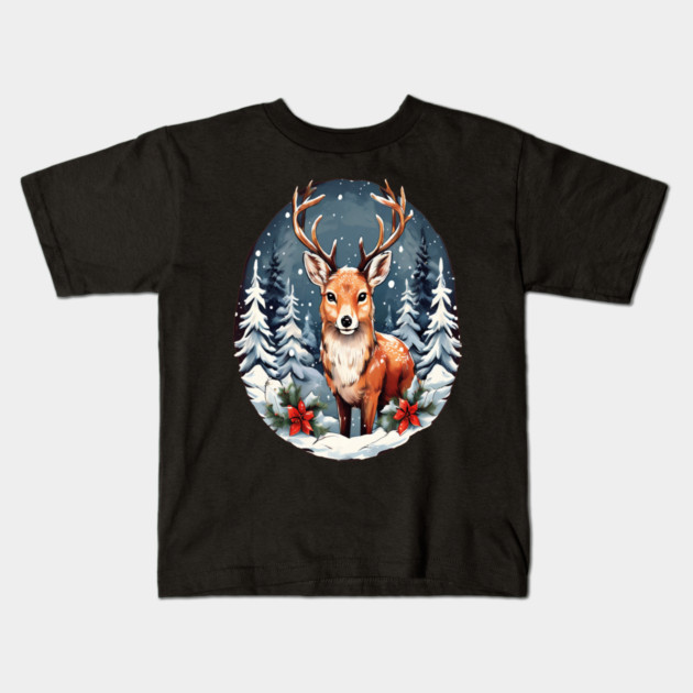 Christmas Deer with Poinsettia and Snow Kids T-Shirt by BirdsnStuff