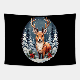 Christmas Deer with Poinsettia and Snow Tapestry