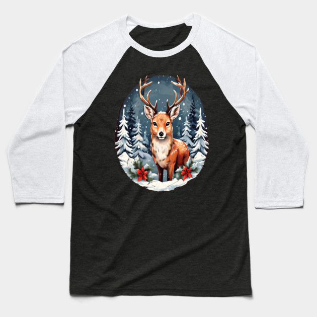 Christmas Deer with Poinsettia and Snow Baseball T-Shirt by BirdsnStuff