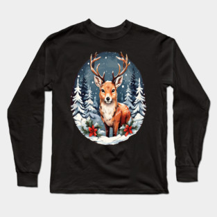 Christmas Deer with Poinsettia and Snow Long Sleeve T-Shirt