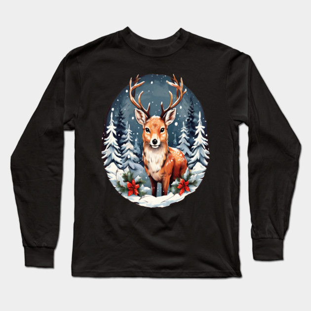 Christmas Deer with Poinsettia and Snow Long Sleeve T-Shirt by BirdsnStuff