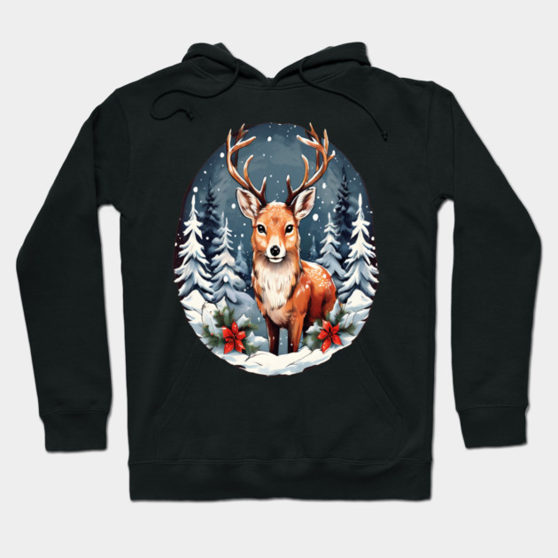 Christmas Deer with Poinsettia and Snow Hoodie by BirdsnStuff