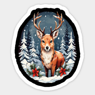 Christmas Deer with Poinsettia and Snow Magnet