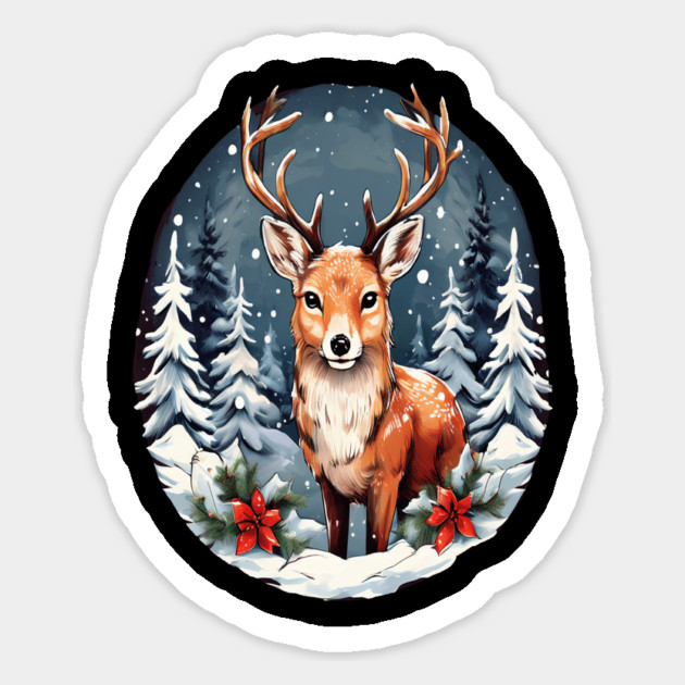 Christmas Deer with Poinsettia and Snow Magnet by BirdsnStuff