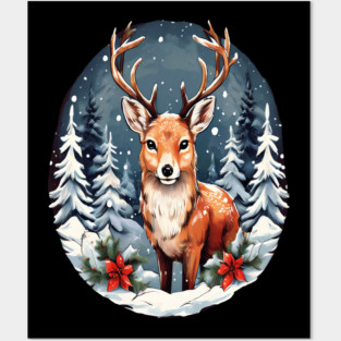 Christmas Deer with Poinsettia and Snow Posters and Art