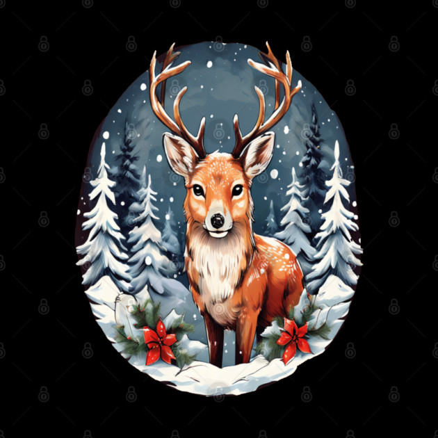 Christmas Deer with Poinsettia and Snow by BirdsnStuff