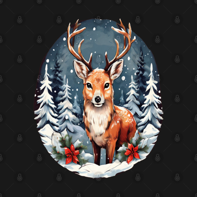 Christmas Deer with Poinsettia and Snow by BirdsnStuff