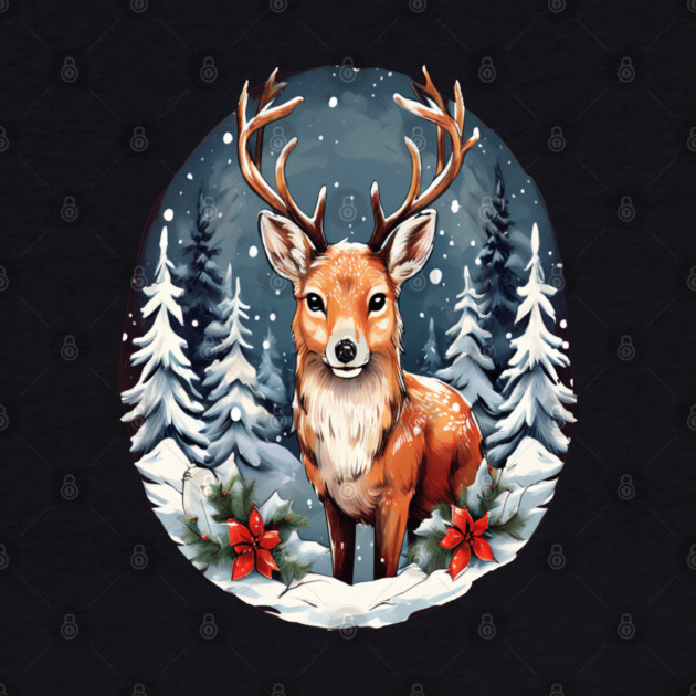 Christmas Deer with Poinsettia and Snow by BirdsnStuff
