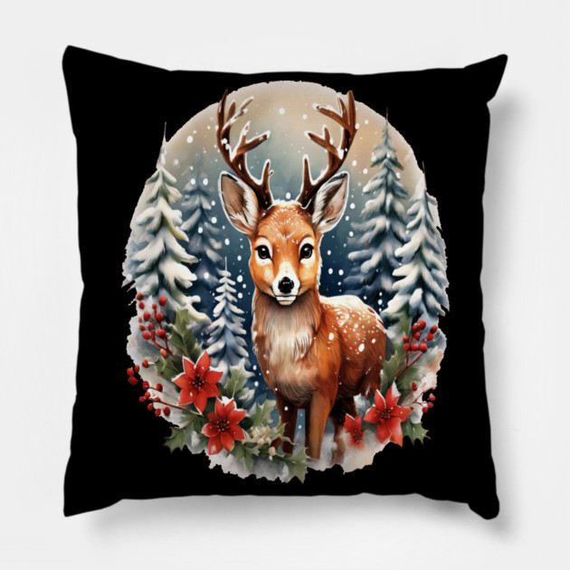 Christmas Deer with Poinsettia and Snow Pillow by BirdsnStuff