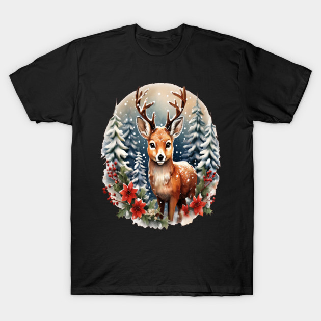 Christmas Deer with Poinsettia and Snow T-Shirt by BirdsnStuff