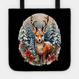 Christmas Deer with Poinsettia and Snow Tote